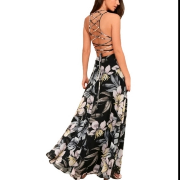 Lulu's Love Abloom Black Floral Print Lace-Up Maxi Dress Size XS - Picture 13 of 13